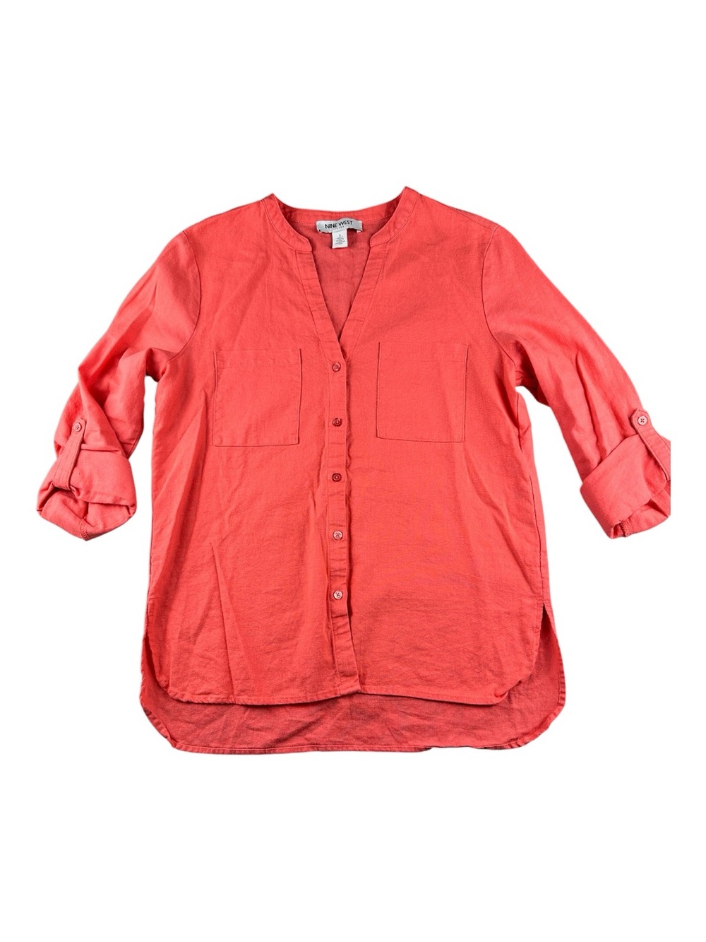 Nine West Coral Tunic Blouse Button-Up Top Lagenlook Linen Blend OfficeCore S - Picture 2 of 8